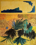 Abstrakt originalt maleri av Oslobasert billedkunstner Emilie Wesche. Stort maleri med spennende komposisjon i gult, brukt, blått og grønnsort. I forgrunnen ser du et landskap med planter, øverst i bildet ses et vindu med bølger på utsiden. 
