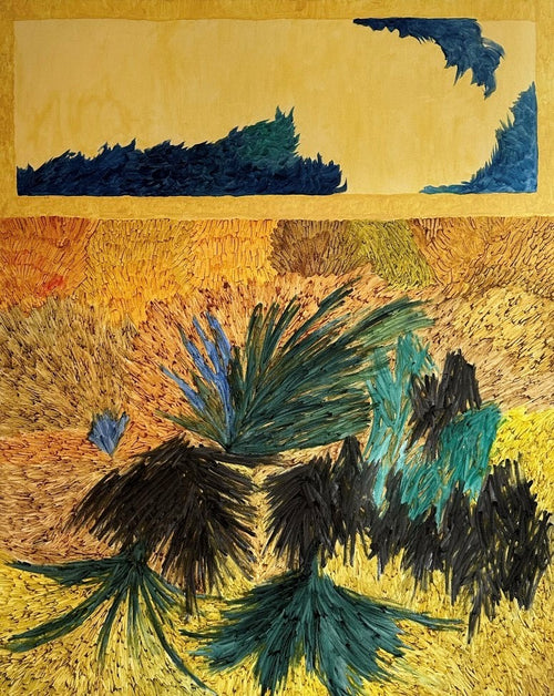 Abstrakt originalt maleri av Oslobasert billedkunstner Emilie Wesche. Stort maleri med spennende komposisjon i gult, brukt, blått og grønnsort. I forgrunnen ser du et landskap med planter, øverst i bildet ses et vindu med bølger på utsiden. 